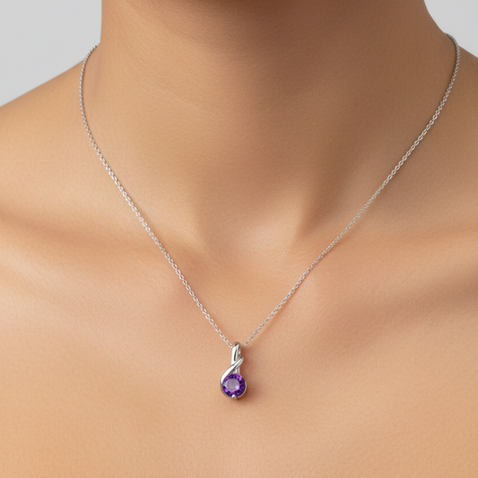 14K White Gold Amethyst Solitaire Pendant Necklace