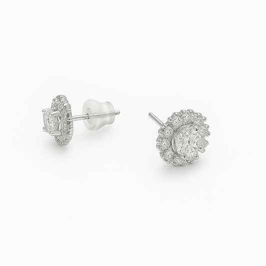 White Gold Cluster Design Diamond Stud Earrings, 18k, TDW:0.5ct, SI J, 1.53gr