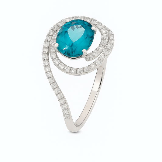 Ocean Aura Diamond Halo Ring with Blue Zircon. 14k, Z: 1.6ct, TDW: 1.44ct, VS, GH