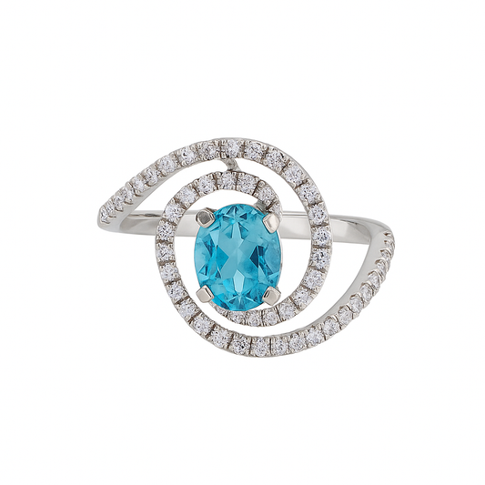 Ocean Aura Diamond Halo Ring with Blue Zircon. 14k, Z: 1.6ct, TDW: 1.44ct, VS, GH
