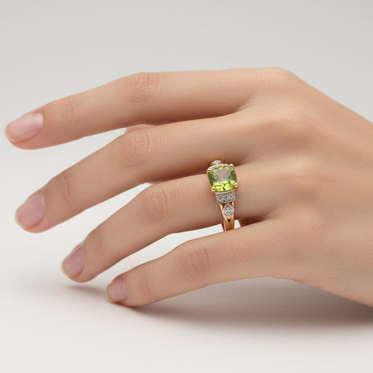 10K Yellow Gold Square Cushion Cut Peridot & Diamond Ring