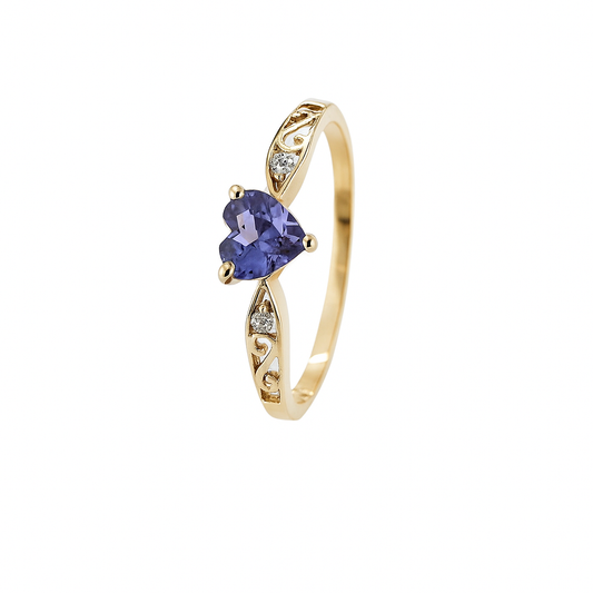 10K Yellow Gold Heart Shaped Tanzanite with Diamond Ring