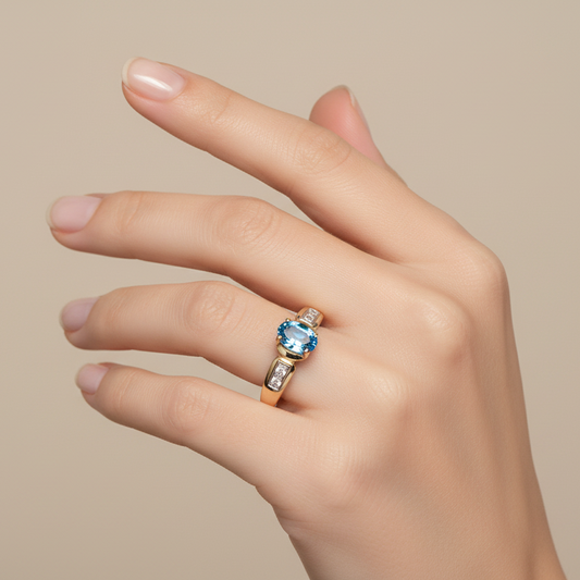 10K Yellow Gold Oval Topaz with Diamonds Ring