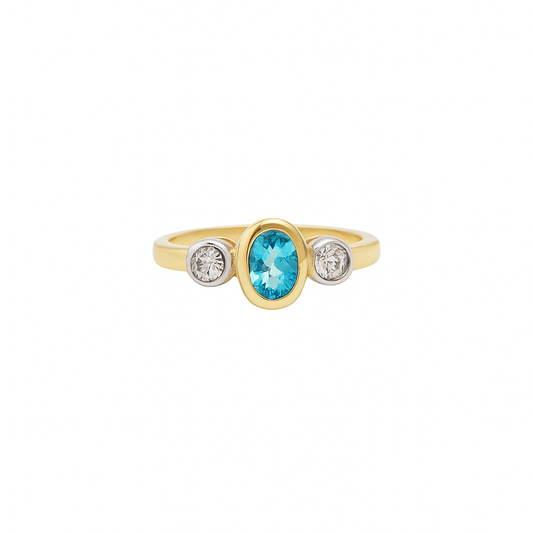 Two Tones Gold Ring Oval Blue Topaz and Diamonds,10k