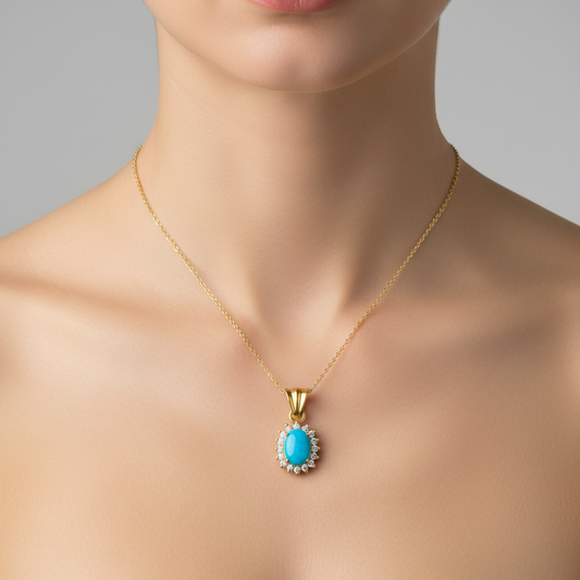 Yellow Gold Persian Turquoise Oval Pendant with CZ 18k, 4.5gr, T:2.5ct