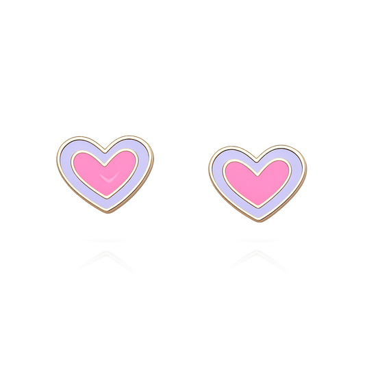 Yellow gold Heart Earrings with pink and purple Enamel. 18k 1.4gr