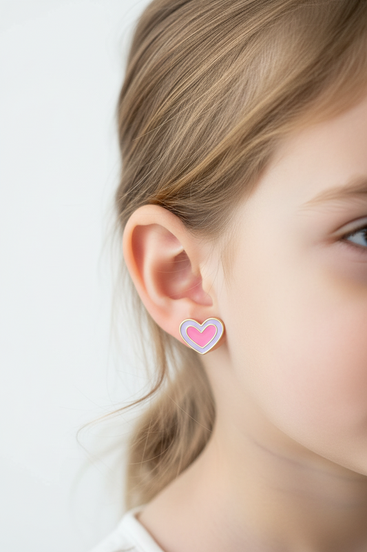Yellow gold Heart Earrings with pink and purple Enamel. 18k 1.4gr