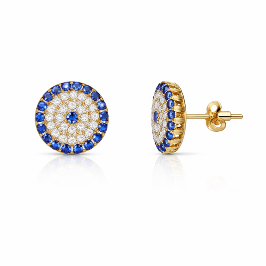 Yellow Gold circle Earring setting with blue and white Cubic Evil Eye style 18k , 2.3gr