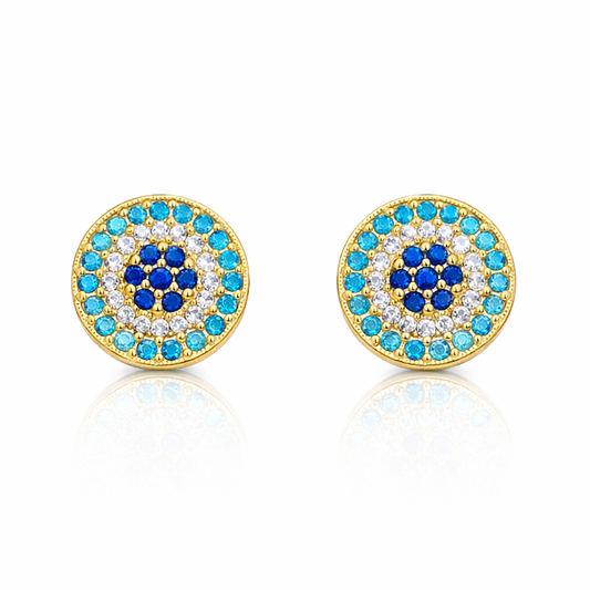 18K Yellow Gold Stud Earrings Evil Eye with Dark and Light Blue Cubic 2.15 gr
