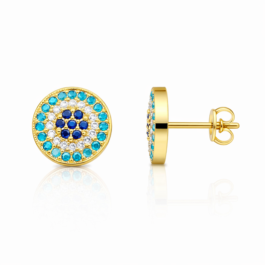 18K Yellow Gold Stud Earrings Evil Eye with Dark and Light Blue Cubic 2.15 gr