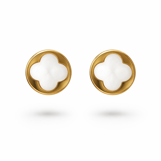 Yellow Gold Stud round Earrings with a Flower in white Enamel in Center, 18k, 1.6gr