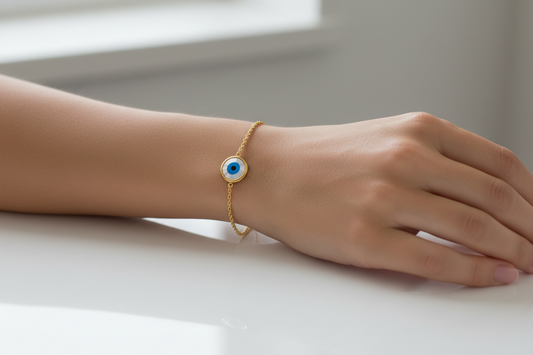 18K Yellow Gold Chain Bracelet with One Blue Evil Eye Bead