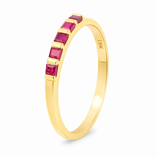 Yellow Gold Ring setting with Five Square Shape Rubies, 14k