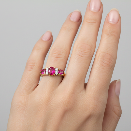 10K Vintage Yellow Gold Oval and Teardrop Shaped Ruby with Diamond Ring