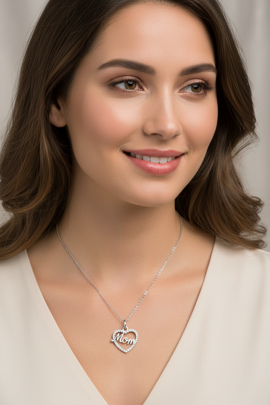 Sterling Silver Heart Shape with initial "MOM " Necklace