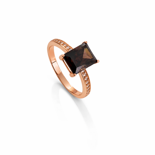 Sterling Silver Rose Gold Plated Emerald Cut smoky Cubic Ring