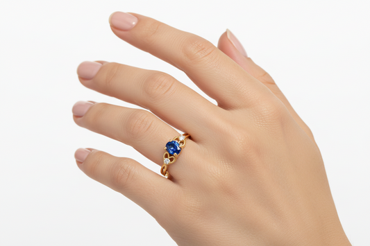 Yellow Gold Ring Double Strand Sapphire and Diamonds 14k