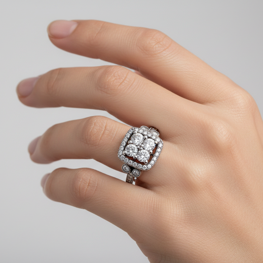 Silver 925 Rhodium-Plated Square Halo Ring