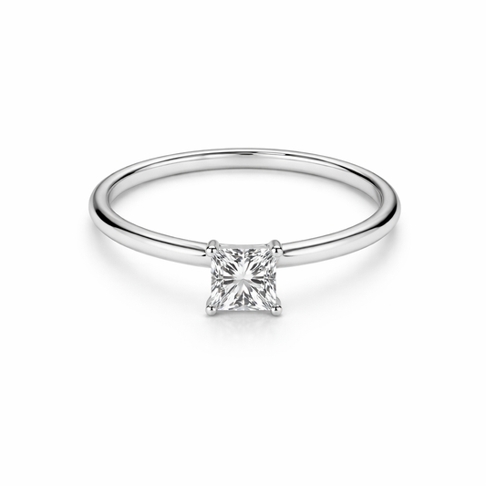White Gold Ring with One Princess Cut Natural Diamond 14k 0.3 CT VS F