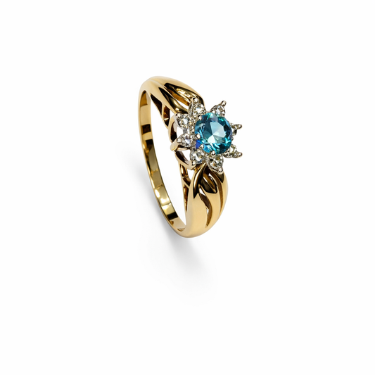 10K Yellow Gold Ring Star Form Blue Topaz and Diamonds T:0.15ct