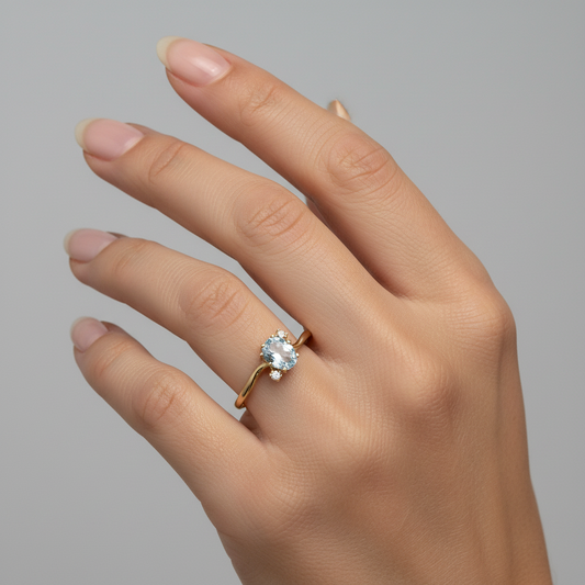 10K Yellow Gold Ring Thin Band Blue Topaz and Diamond T:0.47ct