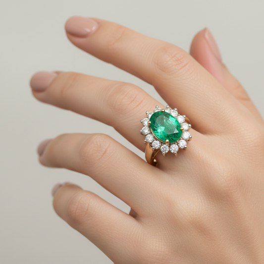 18K Yellow Gold Columbian Oval Emerald Shape and Diamond Ring. E: 1.10ct. TDW: 0.54ct 5.4gr