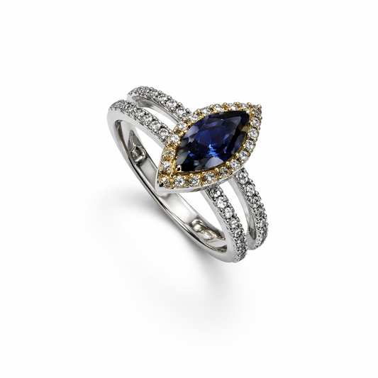 Two-Tone White and Yellow Gold Marquise Shape Tanzanite and Diamond Ring, 14k, T:0.54ct, TDW: 1.12ct SI GH