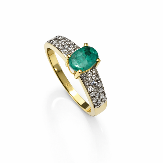 10K Yellow Gold Ring Solitaire Emerald and Diamond Pave Ring