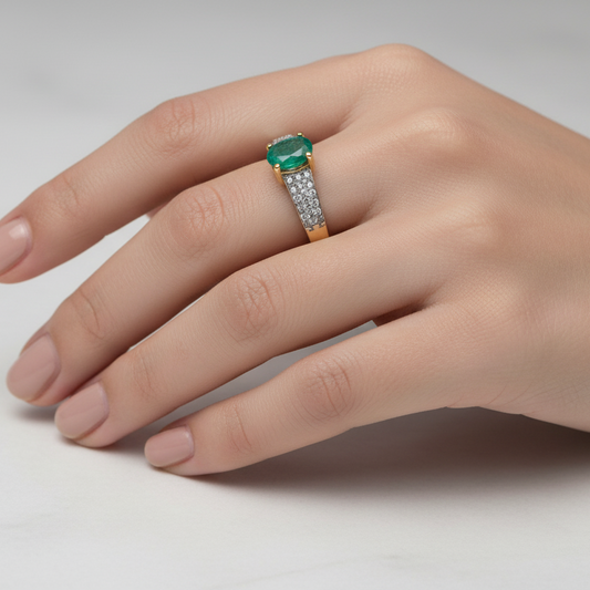 10K Yellow Gold Ring Solitaire Emerald and Diamond Pave Ring