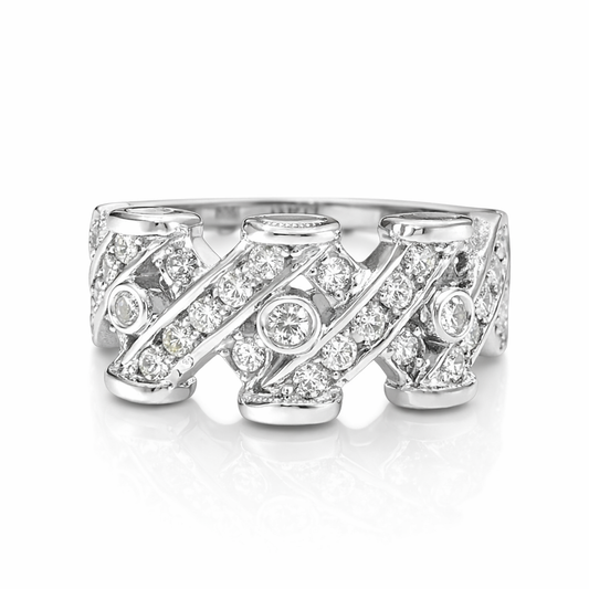 18K White Gold Wide Swirl Diamond Band. 4.5gr TDW: 0.68ct. SI GH