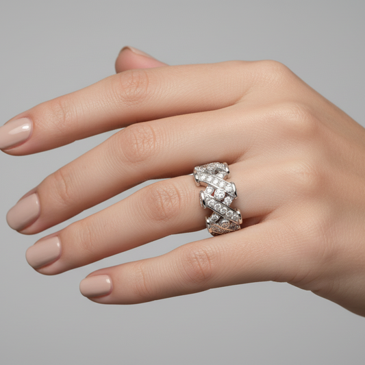18K White Gold Wide Swirl Diamond Band Ring