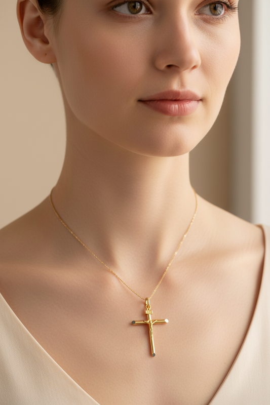 Yellow Gold Modern Bar Crucifix Pendant, 18k, 2.08gr
