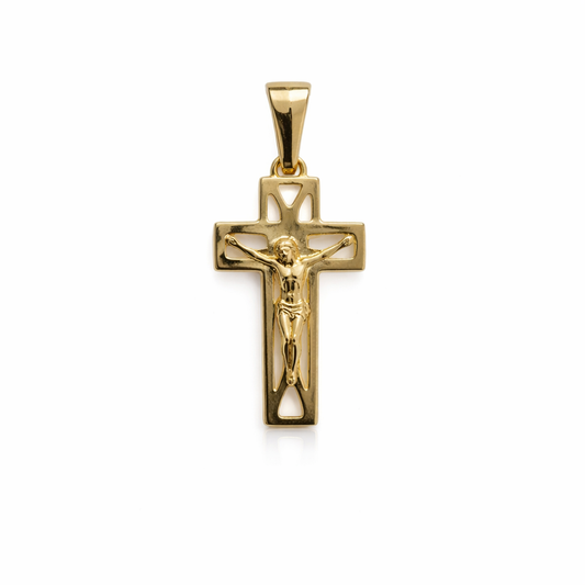 Yellow Gold Cut-out Cross with Christ Figure Pendant, 18k, 1.83gr