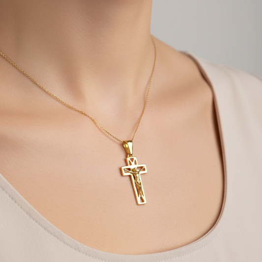 18K Yellow Gold Cut – out Cross with Christ Figure Pendant 1.83gr