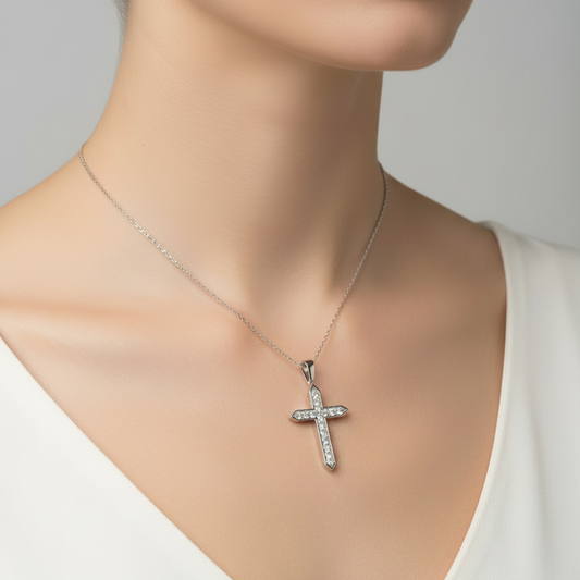 10K White Gold Cross Pendant with CZ