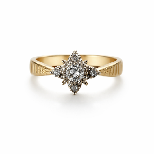 Yellow Gold Vintage Ring with 13 Natural Round Diamonds TDW: 0.33ct GH SI 14k -18k