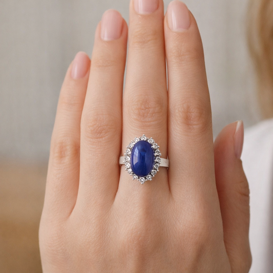 14K White Gold Vintage Enhanced Moon Sapphire & Diamond Ring