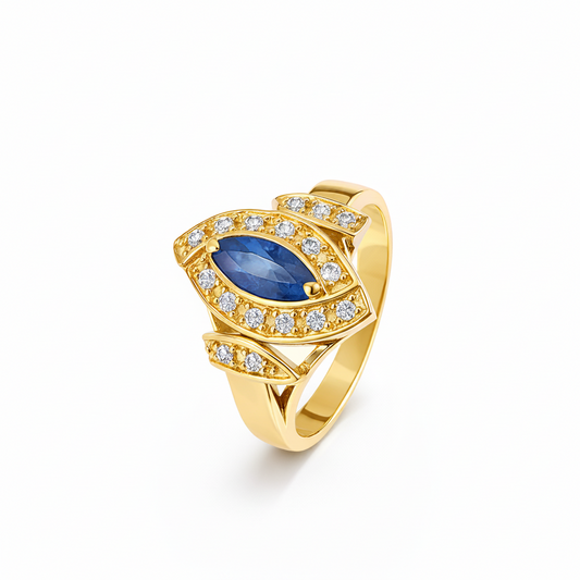 18K Yellow Gold Vintage Eye-Shaped Marquise Sapphire & Diamond Ring