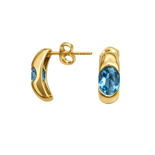 10K Yellow Gold Bezel – Set Blue Topaz Half Hoop Stud Earrings