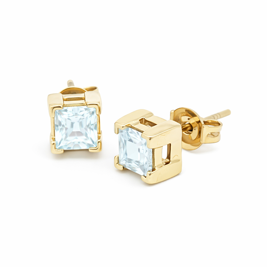 Yellow Gold Aquamarine Princess Cut Stud Earrings. 14k, 1.4gr, 062ct