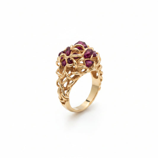 14K Handcrafted Yellow Gold Natural Ruby Organic Cluster Ring