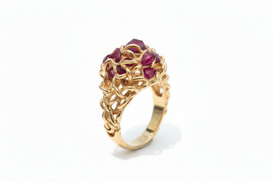 Handcrafted Yellow Gold Natural Ruby Organic Cluster Ring. 14k, Total Ruby Weight: 3.15ct