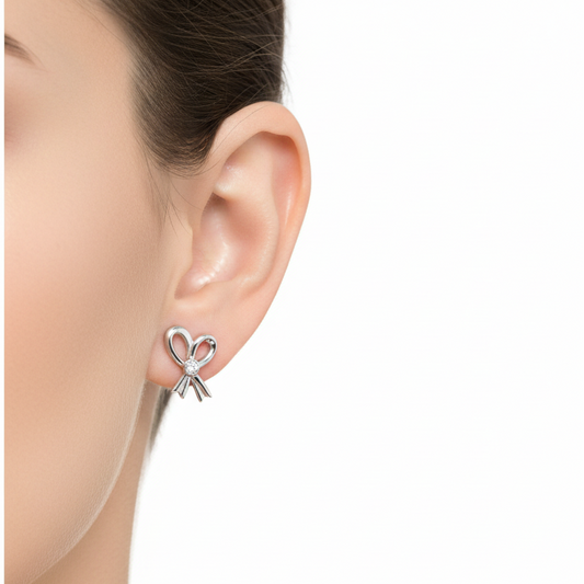 14K Bow Style White Gold Earrings Setting with One Diamond TDW:0.07ct VS GH