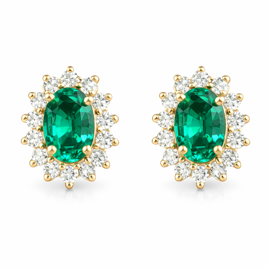 14K Yellow Gold Oval Green CZ and Diamond Halo Stud Earrings TDW: 0.48ct SI GH