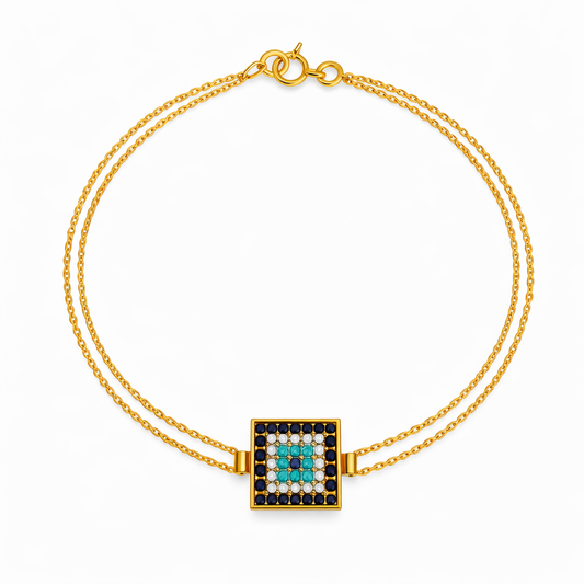 18K Yellow Gold Square Evil Eye Double Chain Bracelet