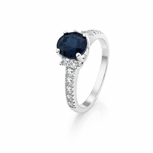 14K White Gold Blue Sapphire & Diamond Halo Ring