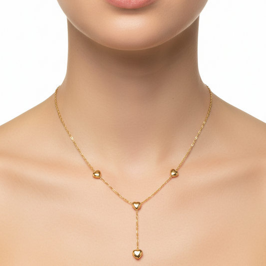 14K Yellow Gold Y-Shape design Necklace with three heart