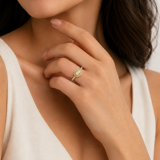 18k GIA Certified Two-Tone Marquise Cut Fancy Yellow Diamond Halo Engagement Ring.