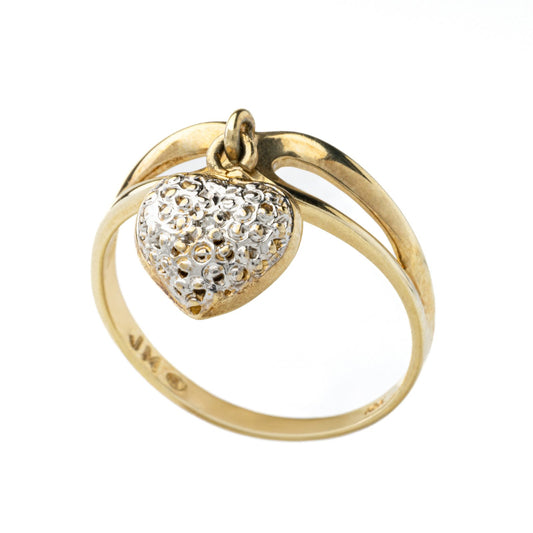 Two Tones Gold Ring with Dangle Heart  setting with one Diamond in center10k