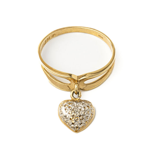 Two Tones Gold Ring with Dangle Heart  setting with one Diamond in center10k